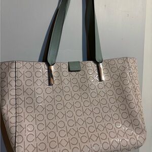 Calvin Klein Taupe Logo Tote with Sage Green Handles